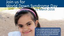 Cartel del Día del Síndrome de Down 2016. Texto (en inglés): Join us for World Down Syndrome Day. 21 March 2016 marks the 11th anniversary of World Down Syndrome Day (WDSD) and each year the voice of people with Down syndrome, and those who live and work with them, grows louder.