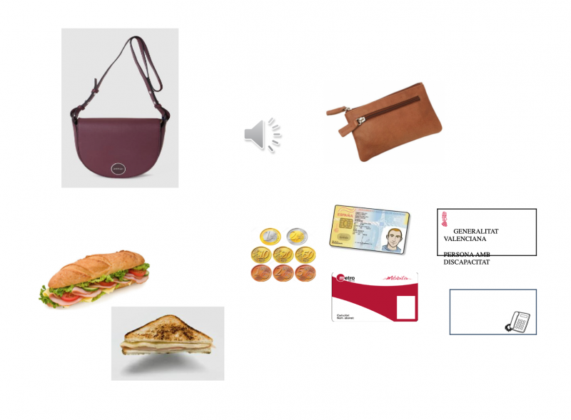 En la diapositiva se ven un bolso, un DNI, monedas, una tarjeta de metro, un monedero, un certificado, un bocadillo y un sandwich.