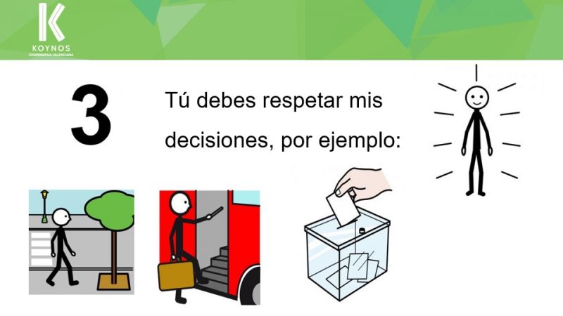 3. Tú debes respetar mis decisiones, por ejemplo: pictograma de una persona paseando, pictograma de una persona subiendo a un autobús, pictograma de una mano introduciendo un voto en una urna.